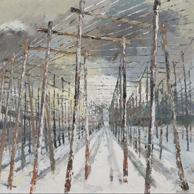 Oil painting of 'Hop Fields Under Snow' by Joyce Austin