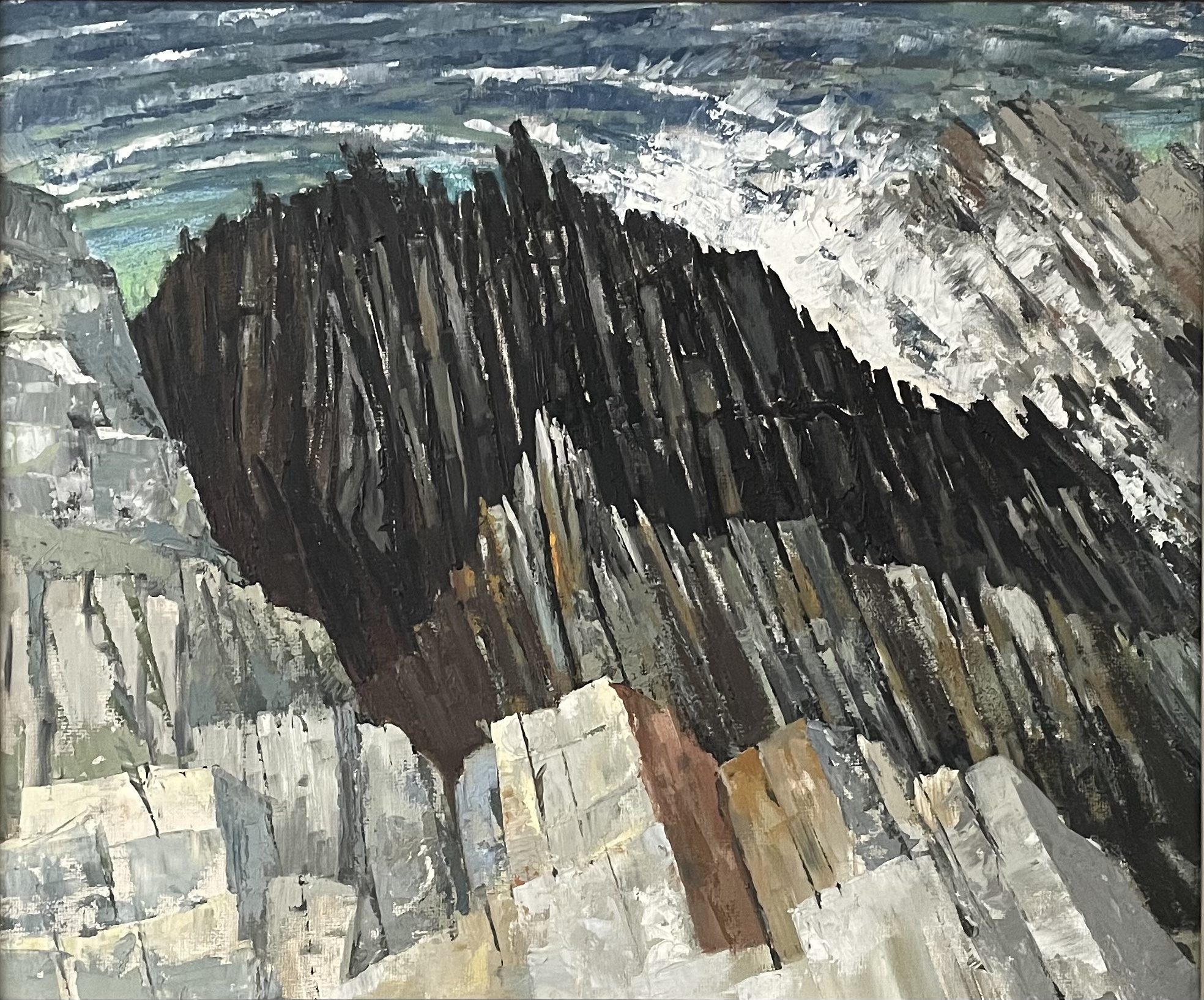 Oil painting of rocks and sea somewhere on the Welsh coast by Joyce Austin