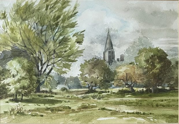 Watercolour of a park scene and church spire in background