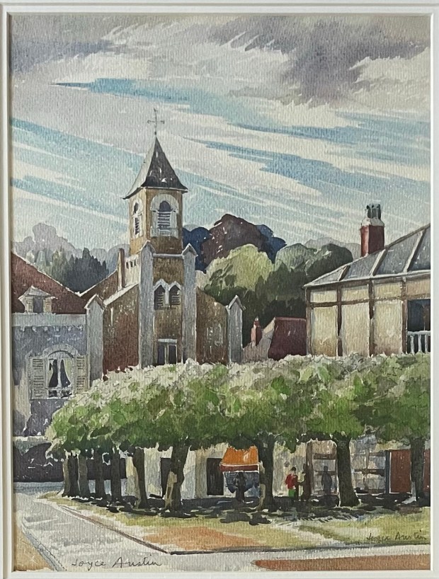 Watercolour painting of the view from the Place Georges Clemenceau, off the Rue de Neuville, Fontainebleau, France