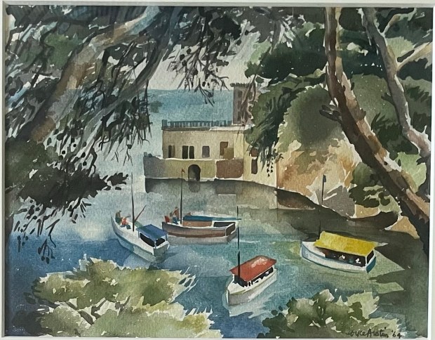 Water colour painting of a bay with overhanging trees, several colourful boatsm and a building in the background