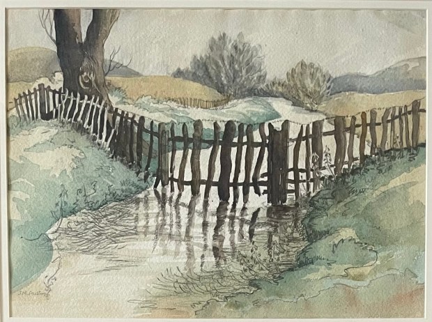 Watercolour painting of a fence running across a stream with grass banks on either side, a tree growing just behind it on one side, and other trees visible in the distance