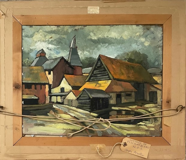 Oil painting showing a group of farm buildings including an oast house, plus the hanging string and label of the painting on the front