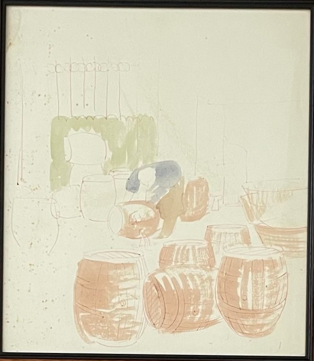 Unfinished watercolour showing a man working on a wine barrel surrounded by other wine barrels