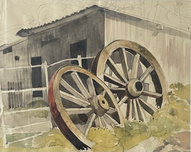 Unfinished watercolour painting depicting two large wheels leaning against a fence and farm outbuilding