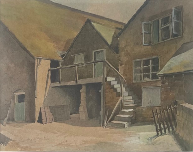 Watercolour painting of farm buildings with staricase, balcony and windows, some open