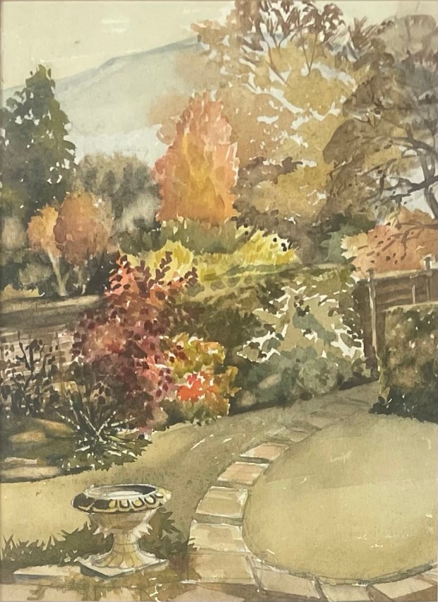 Watercolour of a garden with lawn, ornamental path and stone decorative feature in foreground with srubs and trees in autumnal colour and a small section of hill in the background