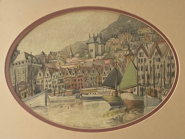 Watercolour of a harbour scene with boats in the foreground and a number of buildings arranged around the water