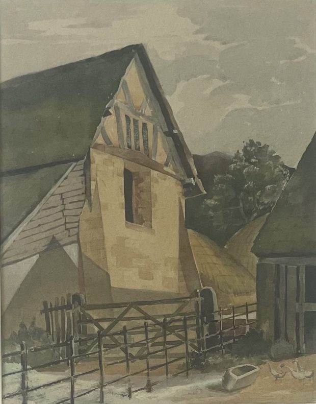 Watercolour painting of a half timbered barn with gate and fence in the foreground